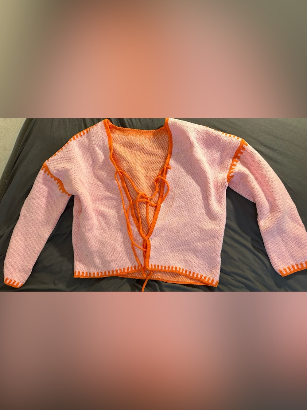 Pink Knit Tie-Front Top with Orange Trim